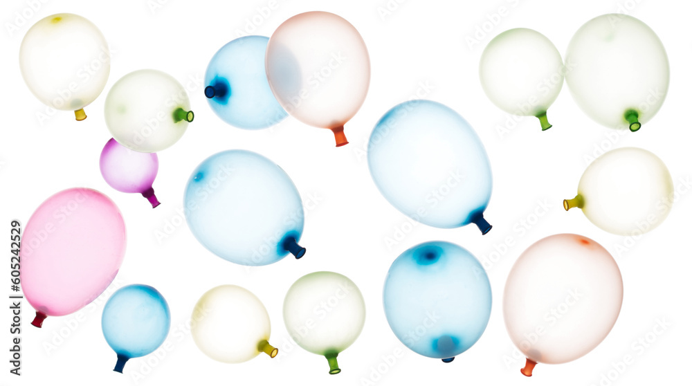 Inflated rubber colorful balloons fly in air. Many colorful inflated balloons in red, blue, yellow throw scatter. Toy for kid to play in birthday party and celebrate, white background isolated Inflated rubber colorful balloons fly in air. Many colorful inflated balloons in red, blue, yellow throw scatter. Toy for kid to play in birthday party and celebrate, white background isolated