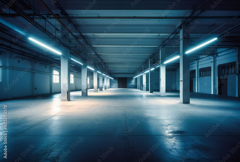 empty large warehouse with floor lighting empty large warehouse with floor lighting