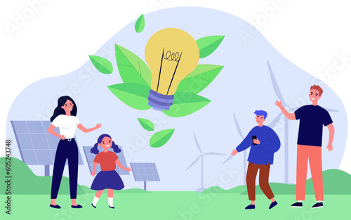 Happy people with big lightbulb as symbol of alternative energy. Renewable energy, solar power panels, wind turbines vector illustration. Ecology, environment, green living, sustainability concept