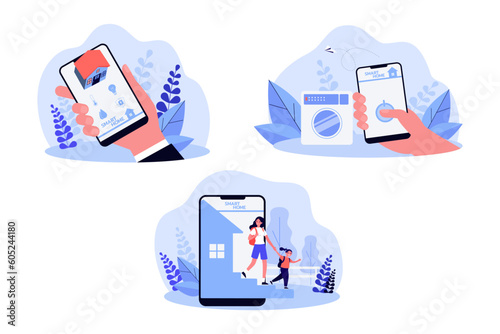 Phones with smart home application vector illustrations set. Collection of drawings of hands controlling house using app, woman and daughter coming out of screen. Smart home, modern technology concept