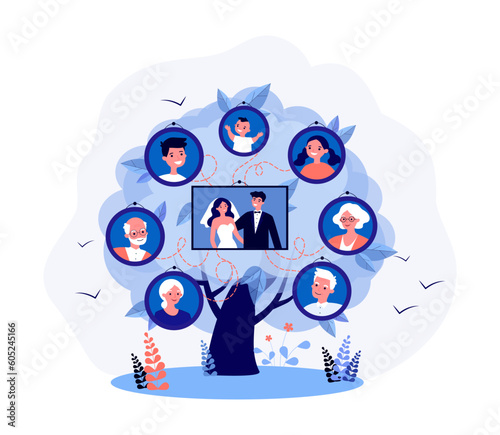 Happy couple in middle of genealogical tree vector illustration. Family tree with portraits of married couple and kids, parents and grandparents in round photo frames. Genealogy, family concept