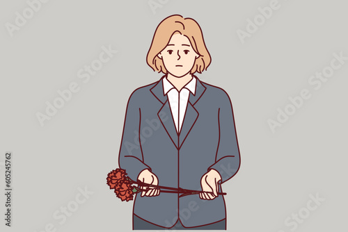 Sad woman with carnations for funeral ceremony expresses condolences after death of friend or colleague. Girl came to funeral ceremony with flowers to see deceased on last journey