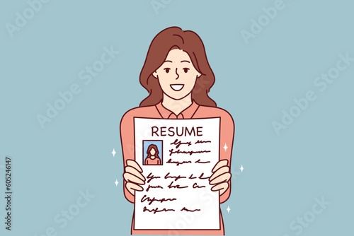 Woman shows resume to find job and smiles, wishing to get vacant position in large corporation. Concept recruiting business or help in writing resume for job seekers looking for job with big salary