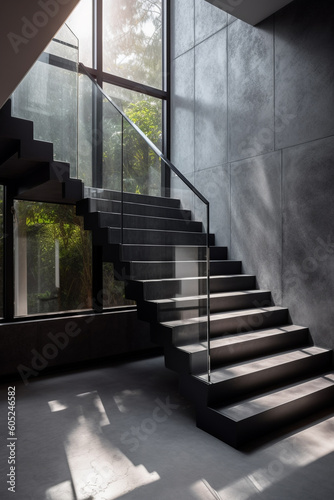 Escaleras con pasamanos de cristal lujosas, elegantes, diseño moderno  con gran ventanal con vistas al jardín. Subida de escaleras con barandilla de cristal. Generative ai. photo