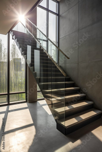 Escaleras con pasamanos de cristal lujosas, elegantes, diseño moderno  con gran ventanal con vistas al jardín. Subida de escaleras con barandilla de cristal. Generative ai. photo