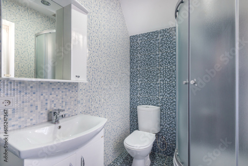 Bathroom with corner shower. A cabinet with a mirror over the sink  a toilet. The finish is made of blue mosaic tiles.