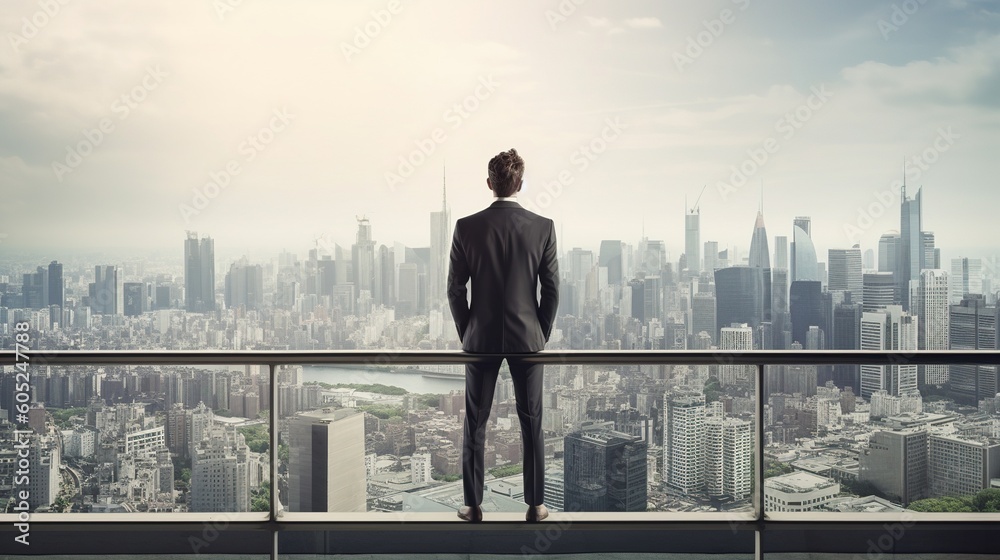 Businessman standing on the roof and looking at the city. Business concept.Generative Ai Businessman standing on the roof and looking at the city. Business concept.Generative Ai