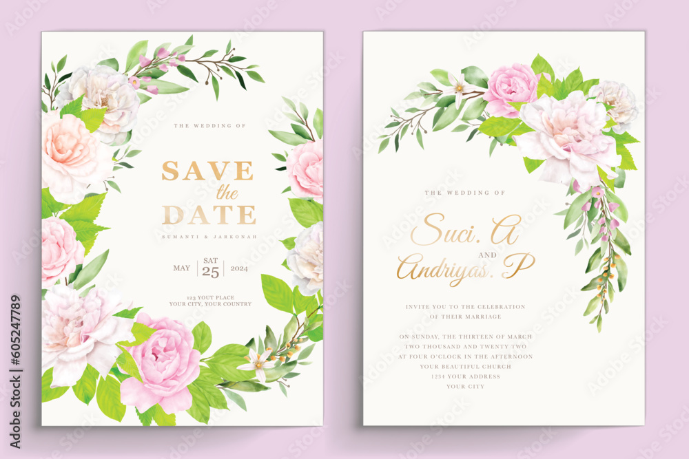 wedding invitation card with floral and leaves design