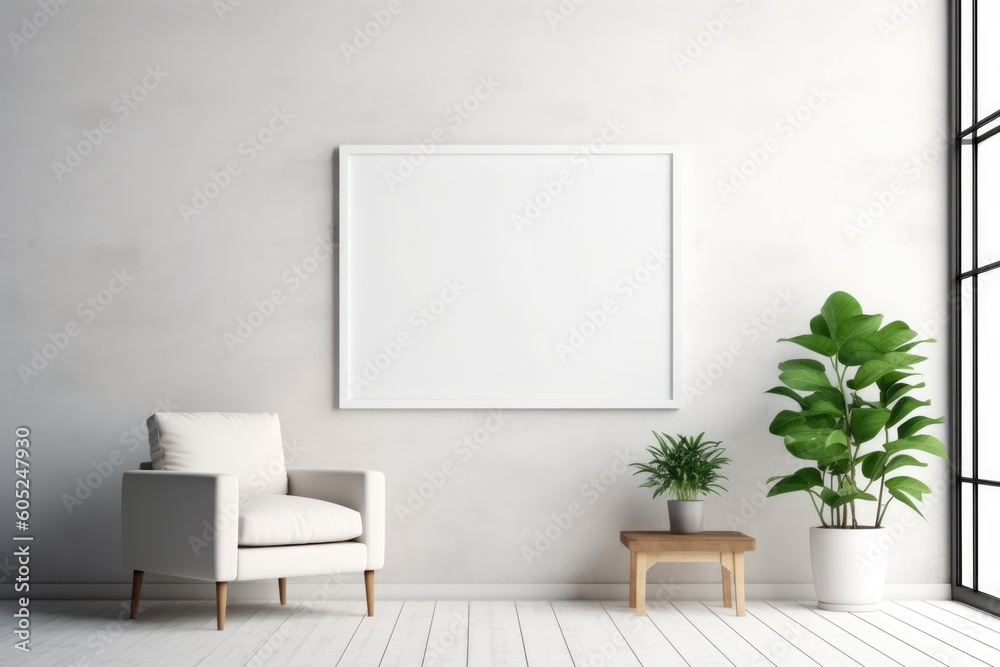 Illustration of a minimalist white room featuring a cozy chair and a vibrant potted plant, Generative AI Illustration of a minimalist white room featuring a cozy chair and a vibrant potted plant, Generative AI