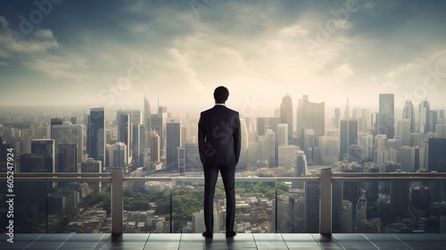 Businessman standing on the roof and looking at the city. Business concept.Generative Ai