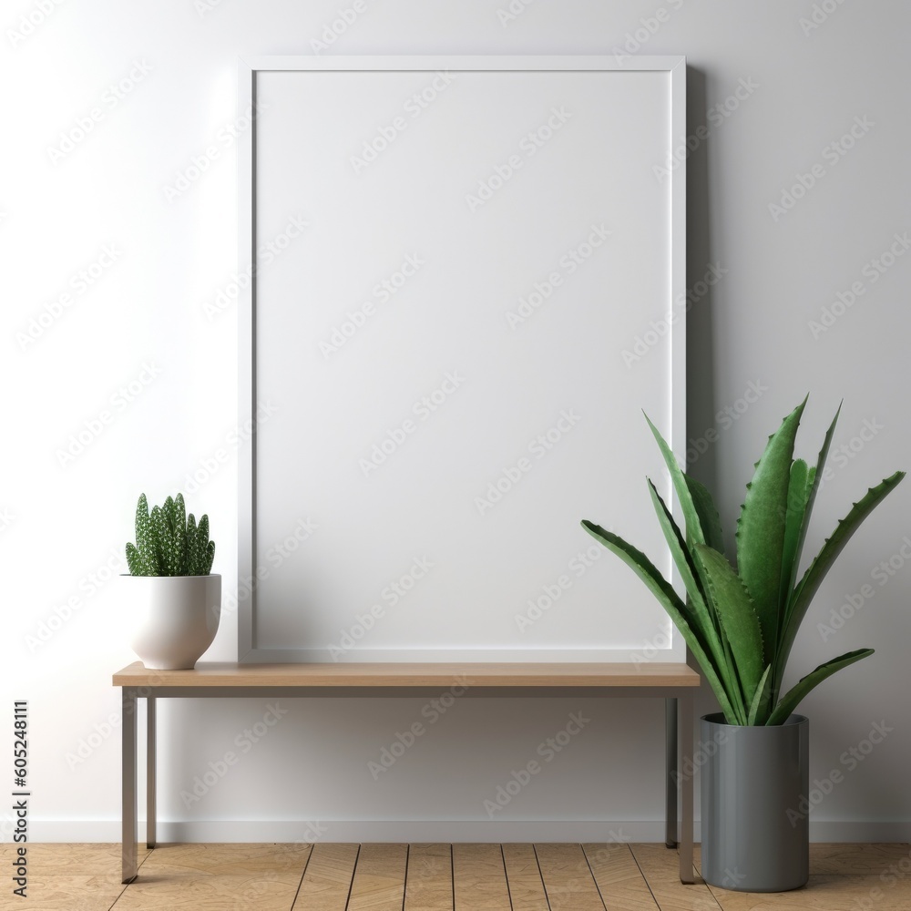 Illustration of a wooden picture frame and a potted plant placed on a table, Generative AI Illustration of a wooden picture frame and a potted plant placed on a table, Generative AI