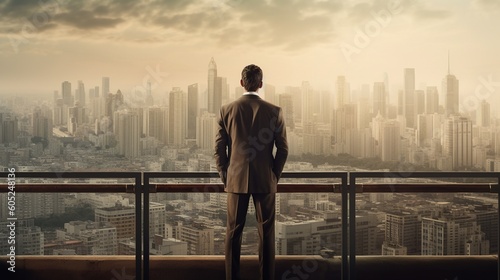 Businessman standing on the roof and looking at the city. Business concept.Generative Ai © Rudsaphon