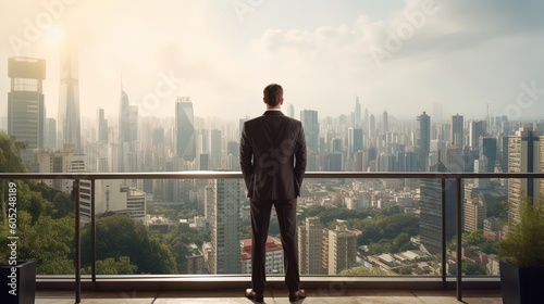 Businessman standing on the roof and looking at the city. Business concept.Generative Ai