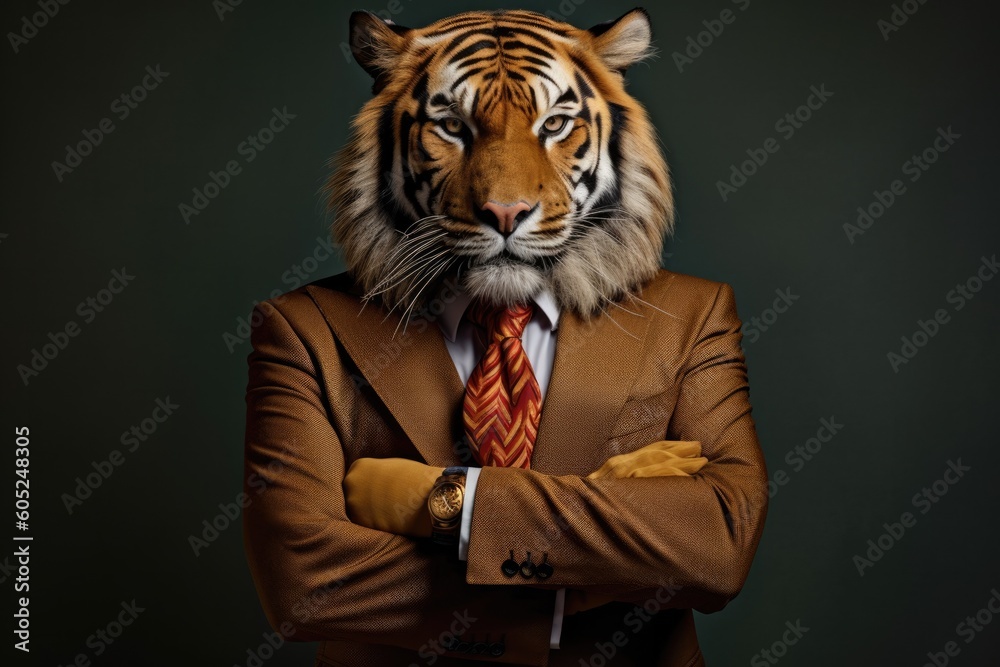 a man wearing a tiger mask over a suit