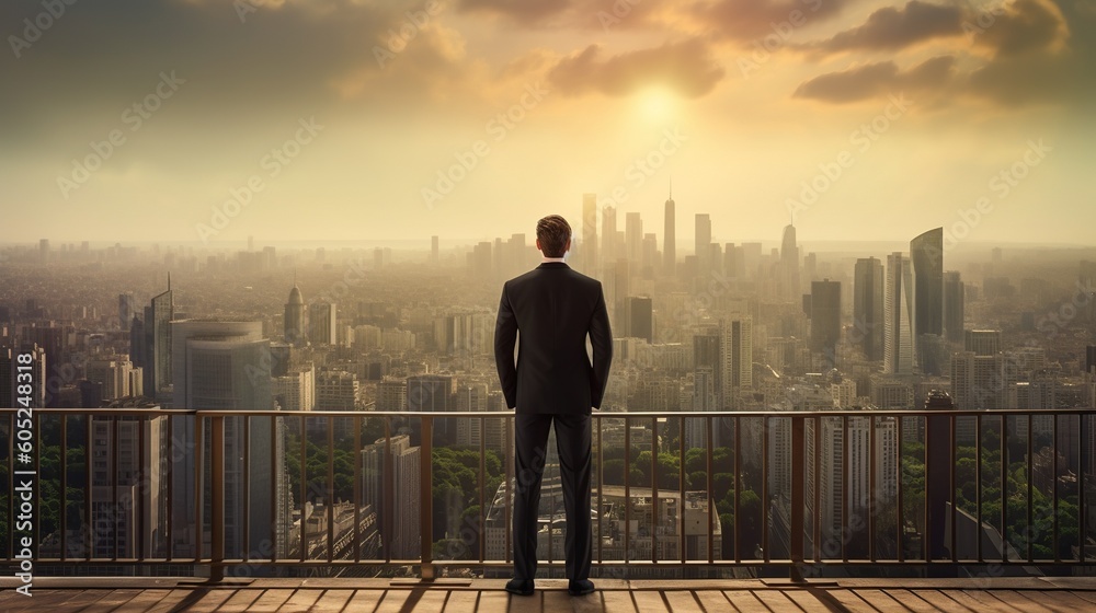 Businessman standing on the roof and looking at the city. Business concept.Generative Ai Businessman standing on the roof and looking at the city. Business concept.Generative Ai
