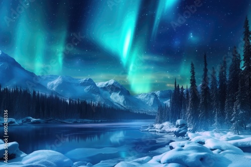 Illustration of a serene lake with the aurora borealis dancing in the sky above, Generative AI