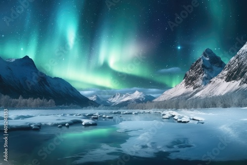 Illustration of Aurora Borealis shining over a frozen lake, Generative AI