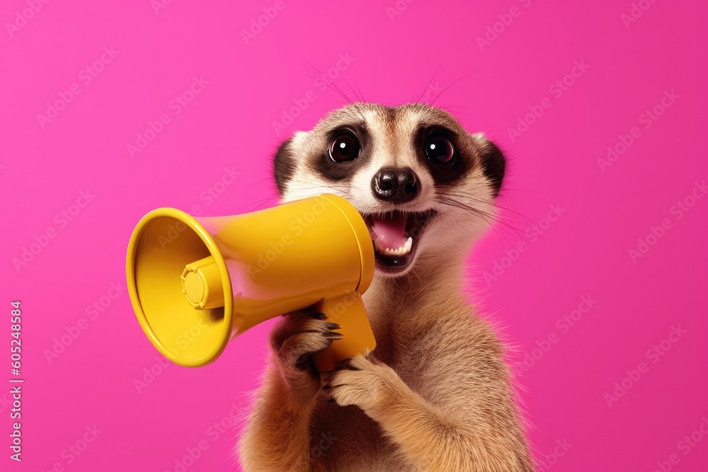 a meerkat holding a yellow megaphone and ready to speak