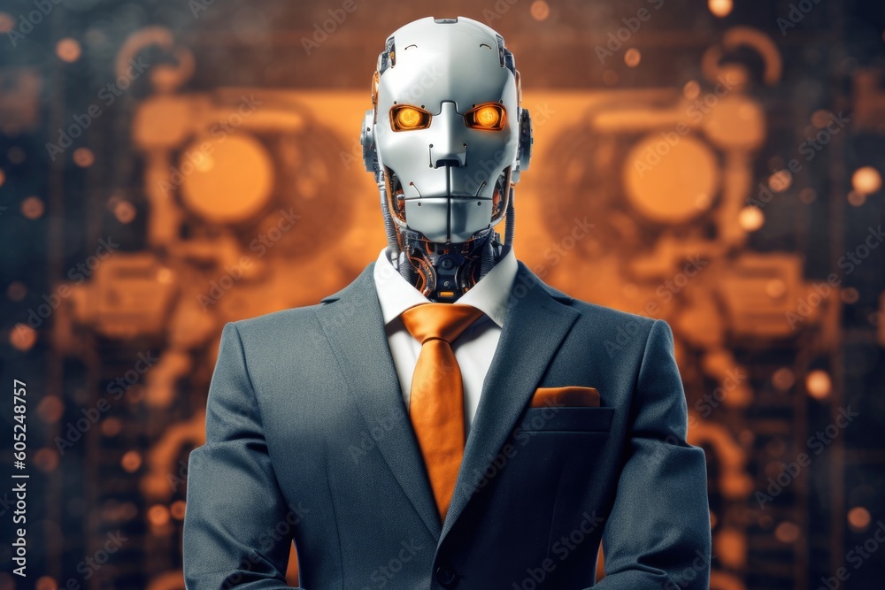Illustration of a humanoid robot wearing a suit and orange tie, Generative AI Illustration of a humanoid robot wearing a suit and orange tie, Generative AI