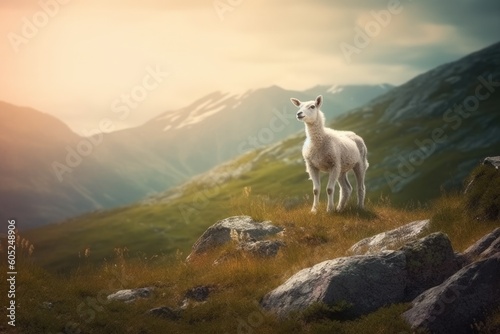a serene white sheep standing on a vibrant green hill