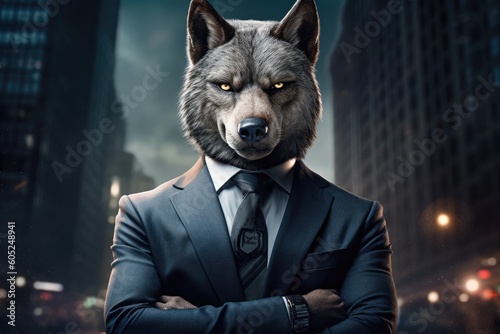 Illustration of a man wearing a suit and a wolf mask, Generative AI