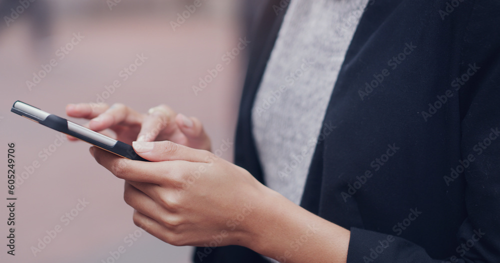 Hands, phone and business woman in city for closeup texting, networking or email communication on internet. Businesswoman, smartphone and typing in metro street with social media app, chat or contact
