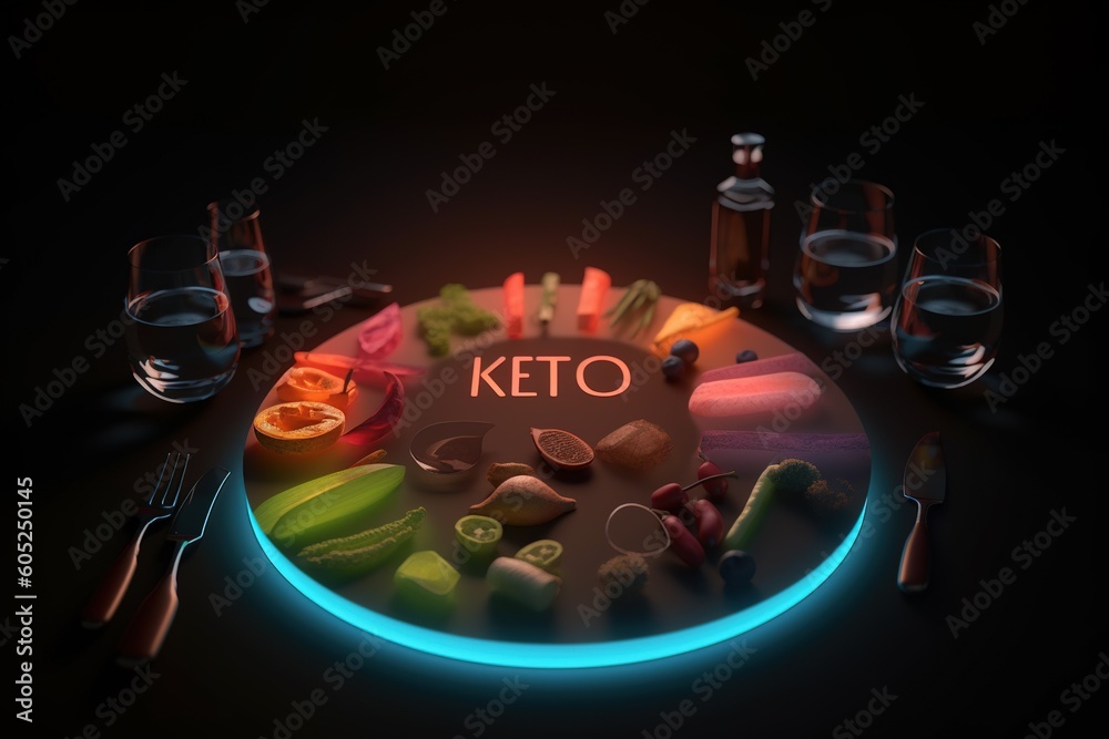 Fototapeta premium Principles and rules of a healthy lifestyle with proper nutrition, balanced , diet, vegetarian, vegetables fruits keto , ketosis ketones, Ketogenic diet, low carbs products anti-age. Generative AI