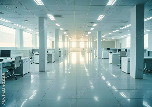 an empty office with white cubicles and computer desks