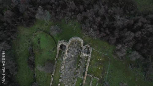 Aerial 4K Drone Footage: Ancient Cathedral Ruins on Saint Achilleus Islet, Lake Prespa, Macedonia, Greece (ID: 605253588)