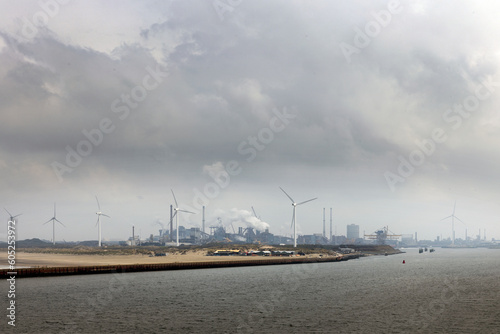 Harbour of IJmuiden Netherlands. Beach and industry. Tata steel. Noordzeekanaal. © A