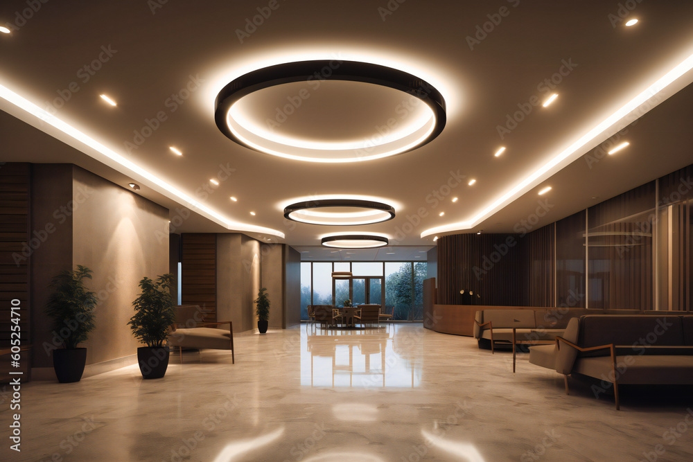 lobby with open walkway and lamp light