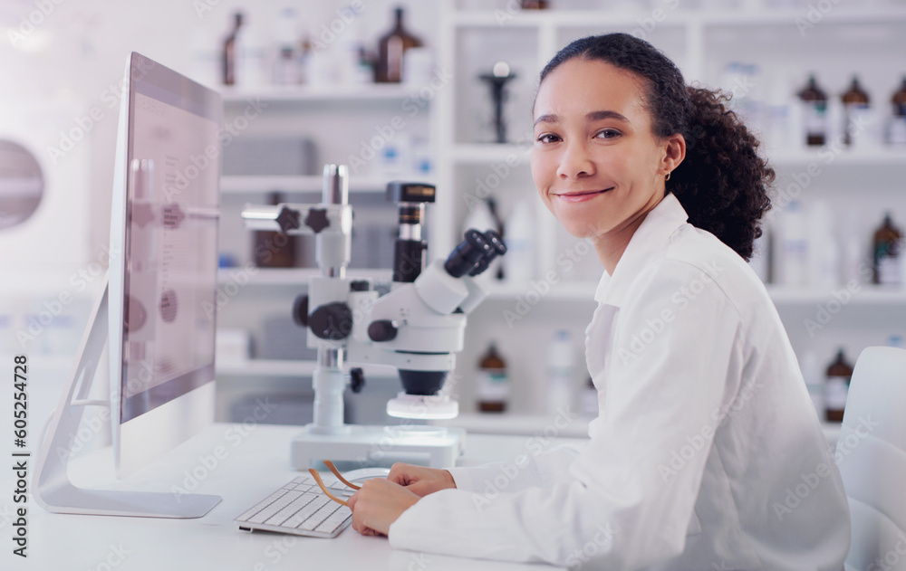 Computer, science and portrait of woman in laboratory for research, pharmacy and medical. Healthcare, technology and study analysis with female scientist for medicine, expert and online report Computer, science and portrait of woman in laboratory for research, pharmacy and medical. Healthcare, technology and study analysis with female scientist for medicine, expert and online report