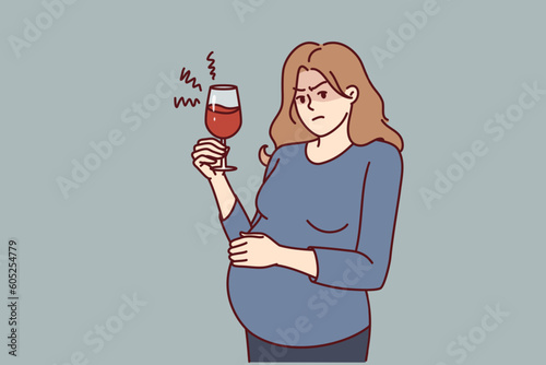 Pregnant woman drinks alcohol unknowingly causing harm to unborn child. Pregnant girl with glass of wine or alcoholic cocktail needs consultation about dangers of bad habits for expectant mothers