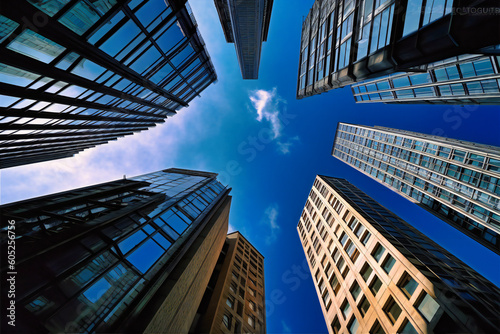 several tall buildings with a blue sky below them under an upper roof