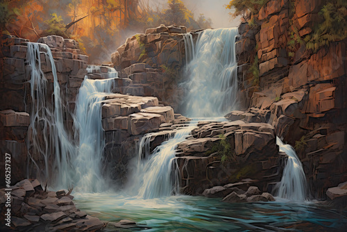 Oil painting a cascading waterfall  showcasing the movement of water and capturing every intricate detail of the rocks Generate by AI