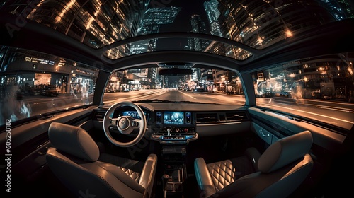 Car interior panoramic night shot in motion Generative AI