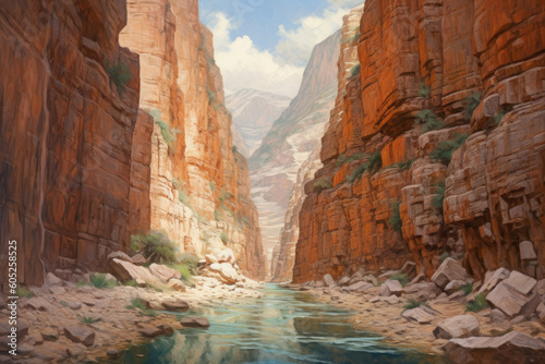 Oil painting a view of a canyon, capturing the depth and intricacies of the rock formations generate by AI