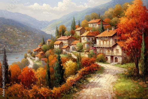 A quaint European village nestled in a picturesque valley, surrounded by colorful autumn foliage, oil painting Generate by AI