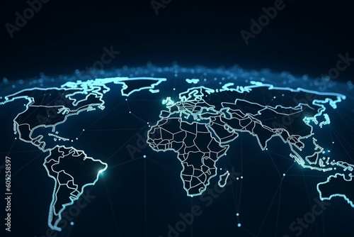 Abstract graphic world map illustration on blue background big data and networking concept, 3D