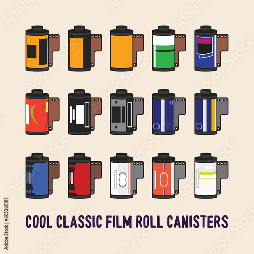 Cool classic film roll canisters vintage illustration unbranded with retro look and colors photo
