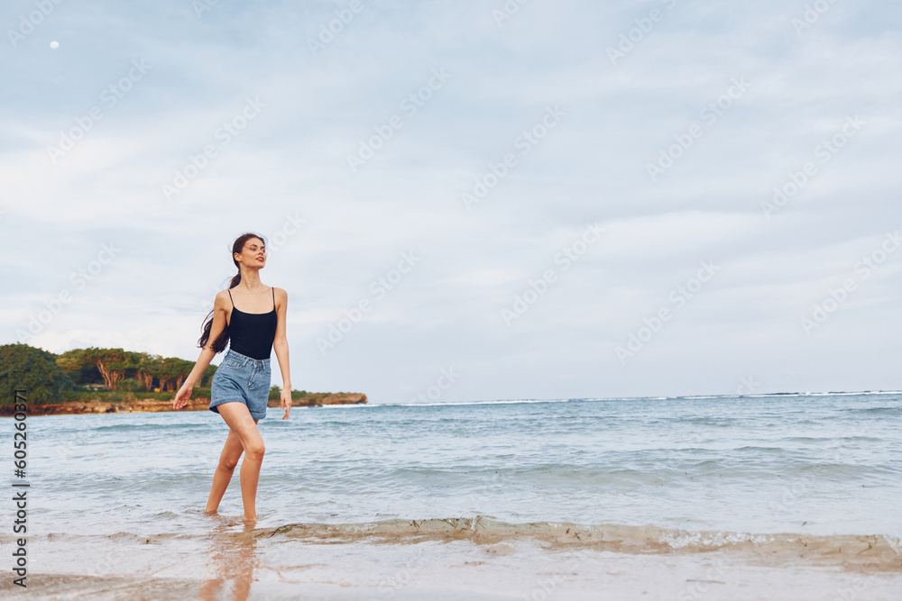 woman summer beach running sea sunset lifestyle young travel freedom smile woman summer beach running sea sunset lifestyle young travel freedom smile