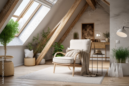 Modern cozy living room, eco interior design with beige colors and plants. Super photo realistic background, generative ai illustration