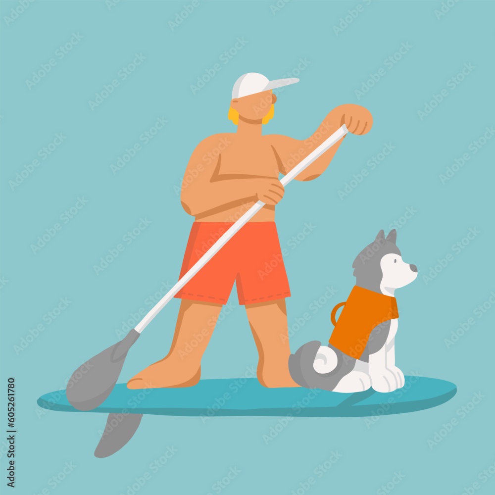Young man on stand up paddle board with dog in life vest. Cartoon boy  and husky on SUP surfing in the sea. Cute vector  illustrations