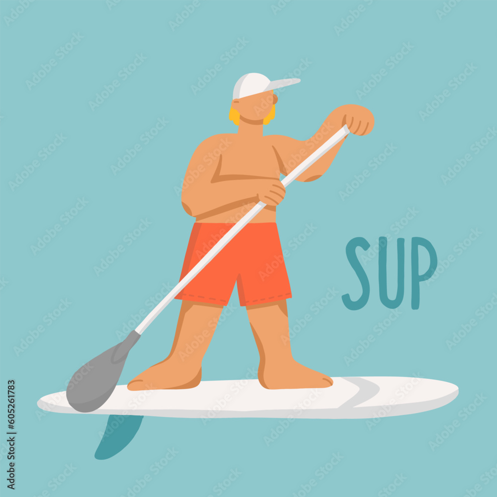 Young man on stand up paddle board. Cartoon boy on SUP surfing, puddling in the sea. Vector hand-drawn illustrations