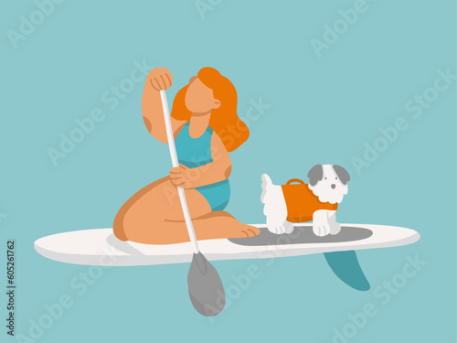 Young woman on stand up paddle board with dog in life vest. Cartoon girl and dog on SUP surfing in the sea. Cute vector illustrations