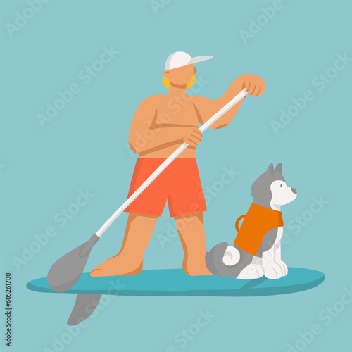 Young man on stand up paddle board with dog in life vest. Cartoon boy  and husky on SUP surfing in the sea. Cute vector  illustrations