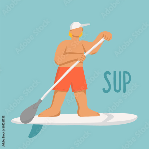 Young man on stand up paddle board. Cartoon boy on SUP surfing, puddling in the sea. Vector hand-drawn illustrations