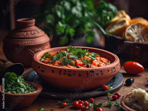 Matbucha - Moroccan Tomato dip. Sauce of tomato, pepper, garlic and chili pepper in a bowl on a dark background top view. Vegan food 