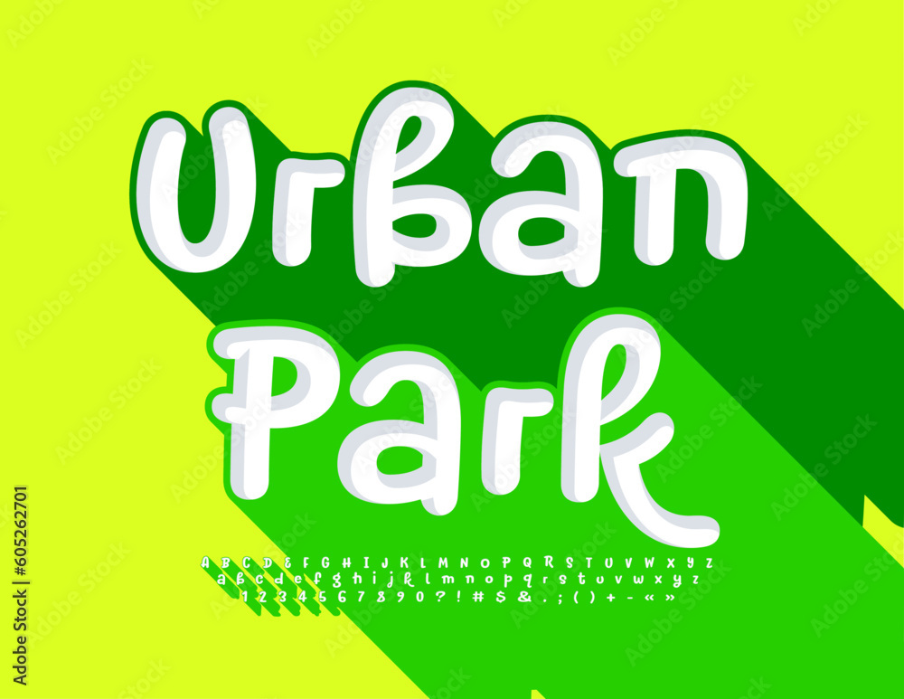 Naklejka premium Vector eco Emblem Urban Park. Funny 3D creative Font. Handwritten Alphabet Letters, Numbers and Symbols set with Shadow