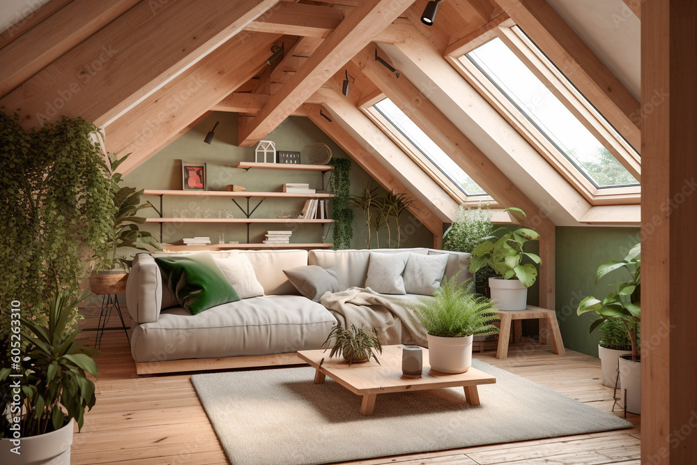 Modern cozy living room, eco interior design with beige colors and plants. Super photo realistic background, generative ai illustration Modern cozy living room, eco interior design with beige colors and plants. Super photo realistic background, generative ai illustration